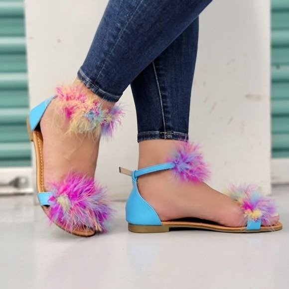 Women's Multicolor Feathered Embellished Sandals Blue Color - Picture 2 of 4